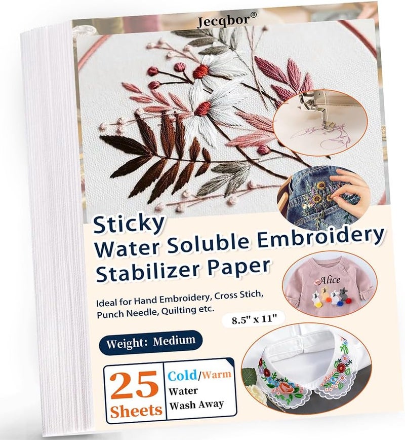 Jecqbor Water Soluble Stabilizer for Embroidery Printable - 25PCS 8.5''x 11'' Stick and Stitch Embroidery Paper Wash Away,Dissolvable Backing for Hand or Machine Sewing Supplies - Image 1